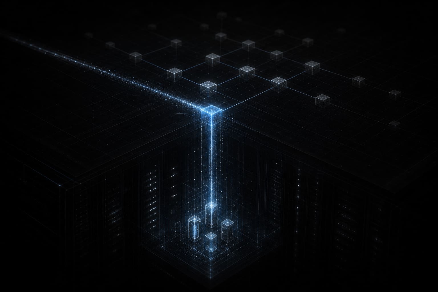A visual workflow graph pierced by an external path that descends into a dark server core containing credential-like capsules.
