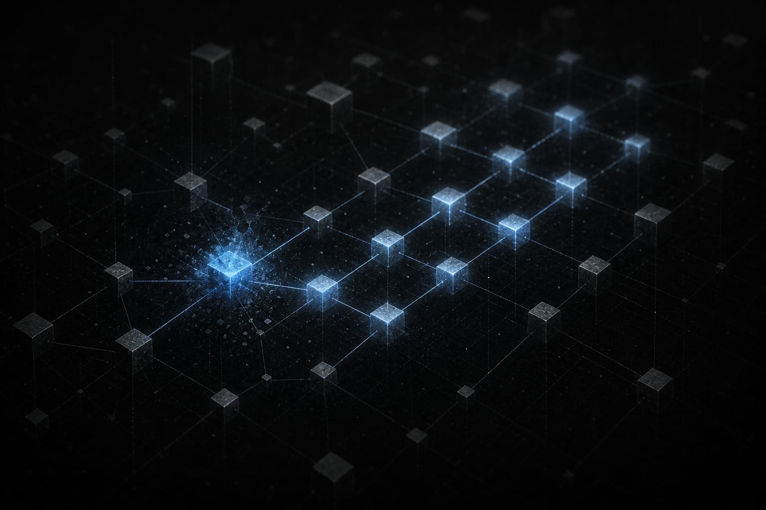 A lattice of connected nodes representing software packages, with one infected node rippling corruption through the network.